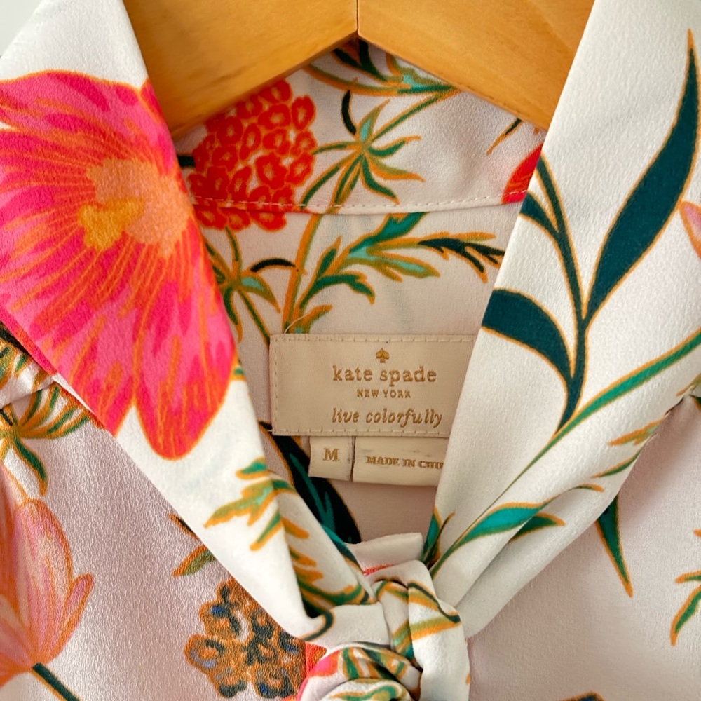kate spade Cream Floral Tie-Neck Blouse with Pink & Green Accents - Picture 2 of 9
